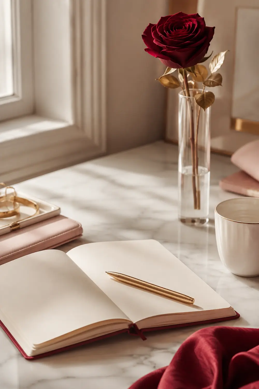 A quiet desk with a journal, gold pen and a single crimson rose